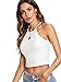 MakeMeChic Women's Solid Halter Neck Cami Scallop Trim Workout Crop Top A White S