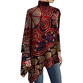 Women's Turtleneck Asymmetric Cape Blouse, Colorful Print Pattern Long Sleeve Loose Fit Top for Casual & Evening Wear