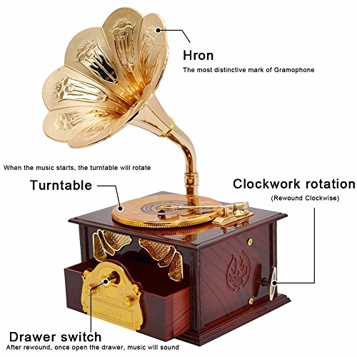 Wind up Music Box Vintage Look Music Box With Jewelry Box - Table Desk Decoration and Gift (Disc Machine, Brown)