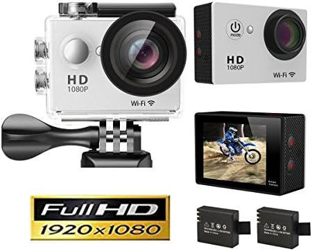 Goldwangwang 1080p WIFI Sports Action Camera 12MP HD Waterproof Camcorder 2 Inch LCD Screen 140 Degree Wide Angle Len W/ 2 Rechargeable Batteries White