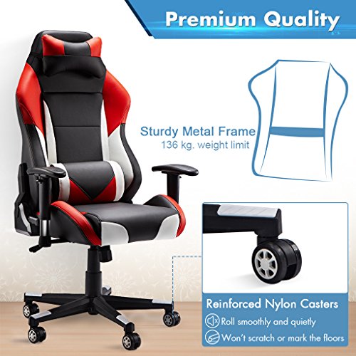 Sedia-Gaming-SLYPNOS-Gaming-Chair-Economica-di-Finta-Pelle-Alta-1315-cm-Inclinazione-fra-90-e-135-Portata-136-kg-Cuscini-Lombare-e-Testa-Amovibili-e-Flessibili-Rossa