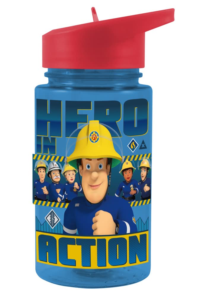 p:os 27264 Drinking Bottle for Children, Approx. 450 ml, Transparent Design with Fireman Sam Motif and Integrated Straw for Flip-Up, Plastic, BPA and Phthalate-Free