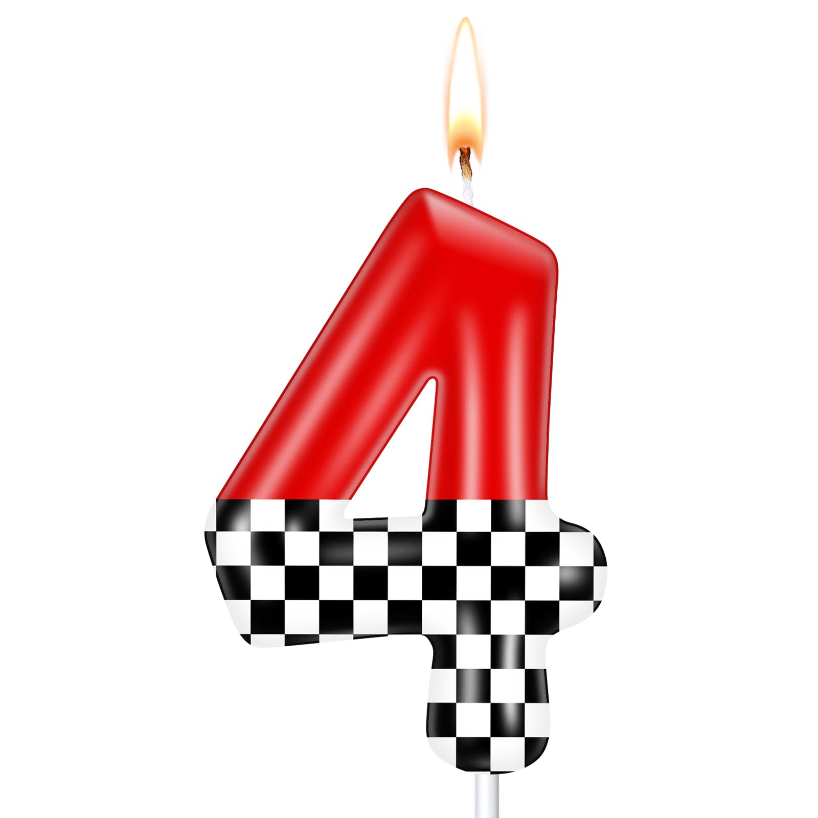 Photo 1 of MTLEE Racing Car Birthday Number Candle Race Car Theme Cake Topper Truck Themed Birthday Supplies Decorations Red Black White Checkered Candles(Red and Checkered,Number 4)