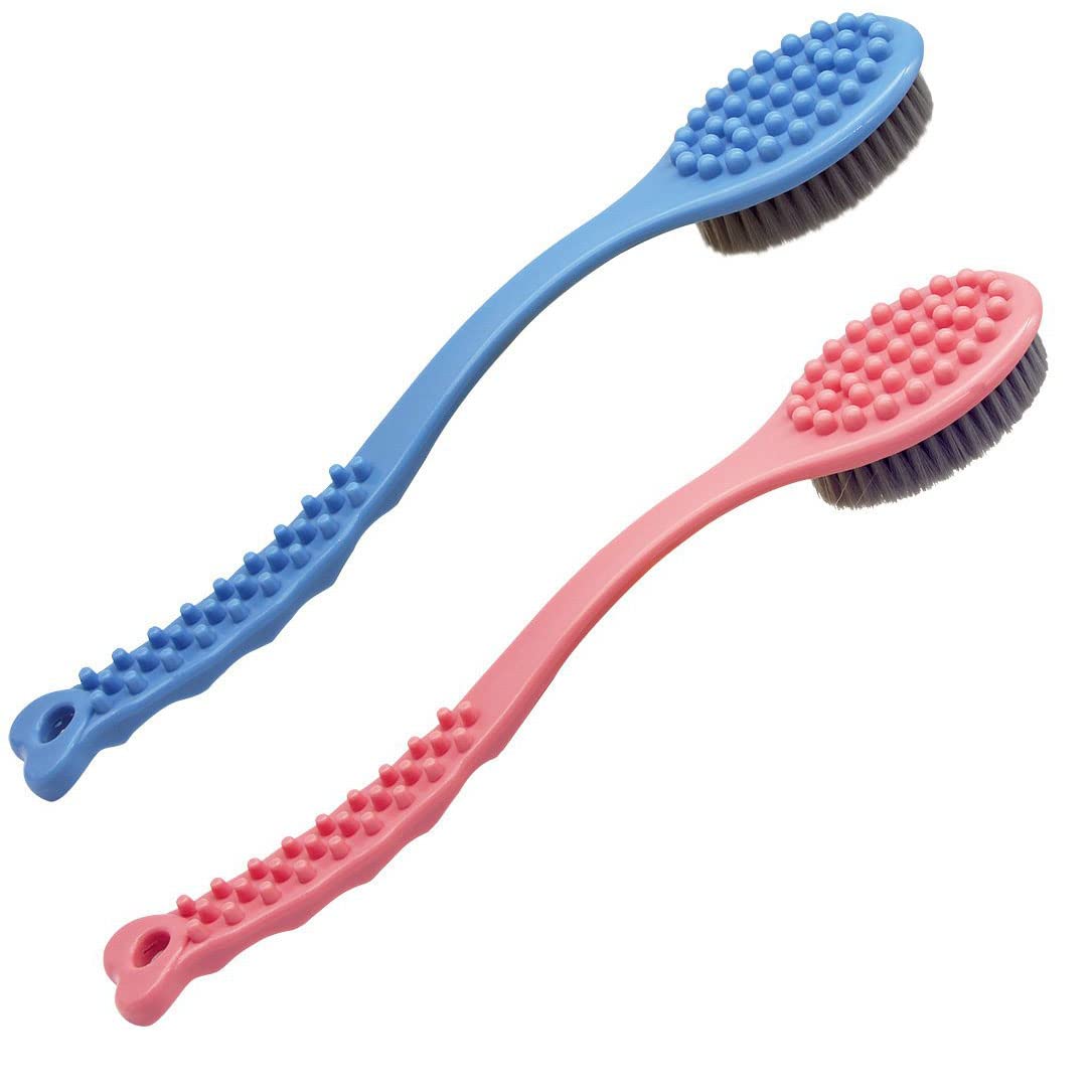 QiCheng&LYS Dry Brushing Body Brush,Back Cleaning Brush,Long Wooden Handle Cleans The Body Easily-14in (Blue and Pink)