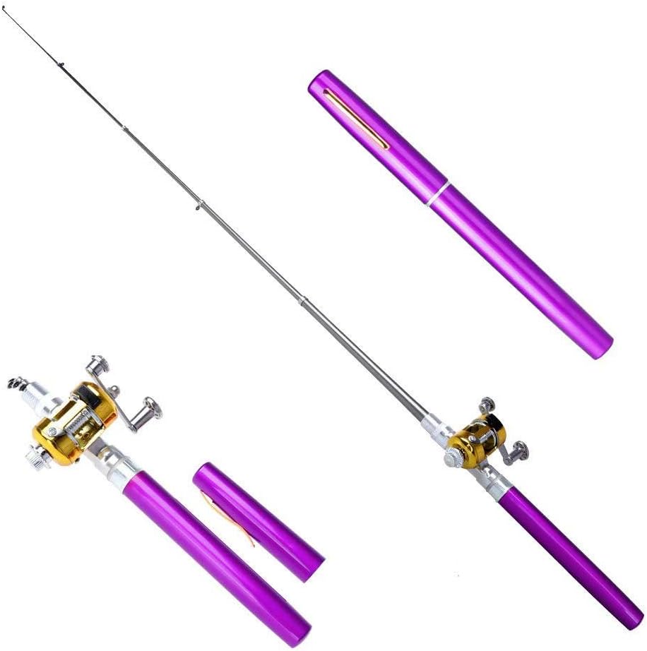 Best Fishing Rods Portable Pocket Pen Shape Aluminum Alloy Fishing Rod Pole Reel Combos (Purple)