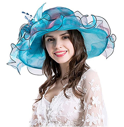 Obosoyo Women Foldable Organza Church Derby Hat Ruffles Wide Brim Summer Beach Sea Sun Hats Blue - Thumbnail 4