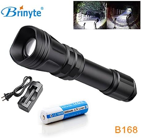 Brinyte B168 Convex Lens Zoom LED Flashlight Torch Waterproof Tactical Zoomable Hunting Light with 3000mAh 3.7V 18650 Battery and Charger