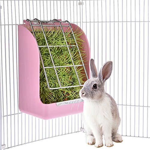 Aoile Rabbit Hay Feeder, Spring Straw Frame,Grass Basket Cage Accessories,Fixed Food Container Bowl for Small Animal,Rabbit,Guinea Pig,Totoro by (Pink)
