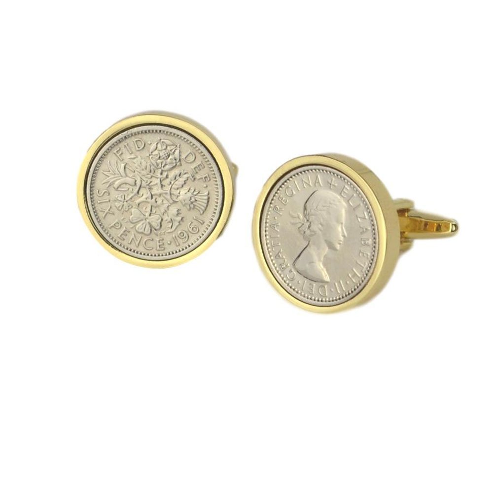 Polished Sixpence Gold Mount Cufflinks | 1961 Anniversary Coins 65th Birthday