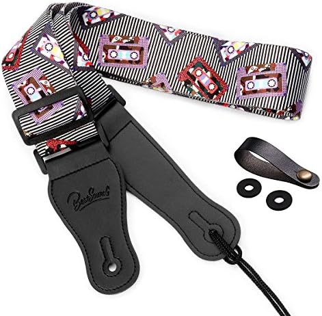Guitar Strap with Leather Ends, Pattern Of Cassette Tape And Stripe Includes 2 Guitar Locks & 1 Button Headstock Adaptor For Electric, Bass& Acoustic Guitar