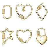 CRAFTYMELODY 6Pcs 18K Gold Screw Carabiner Lock Claps 6 Style Brass Cubic Zirconia Carabiner Lock Charm Heart Star Oval Rhombus Keychain Clip Hook Quick Link Jewlery Clasp for Jewelry Making Necklace