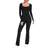 ECUPPER Women Long Sleeve Flared Jumpsuit Scrunch Romper One Piece Full Bodysuits Yoga Unitard Wide Leg Catsuit with Pocket