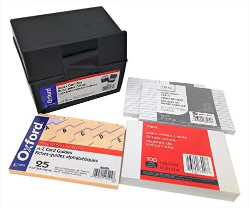 Oxford Plastic 4x6 Inches Index Card Box Bundle with A-Z Index Card Guides (4”x6”), 100-count Ruled Index Cards, White (4”x6”), and 100-count Plain/Blank Index Cards, White (4”x6”)