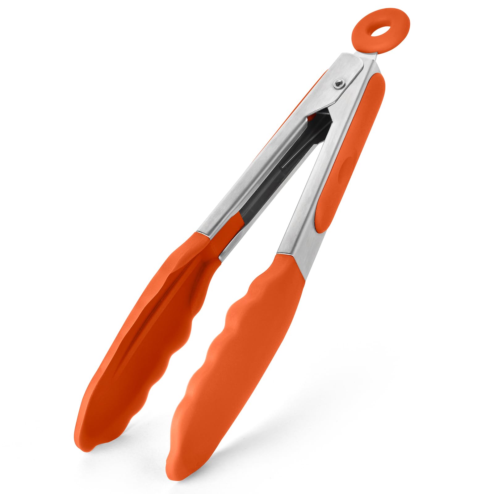 315℃ Heat Resistant Kitchen Tongs: U-Taste 18cm Silicone Cooking Tong with Firm Sealed Non Stick Silicone Tips & Silicone Coated 18/8 Stainless Steel Handle & Smooth Locking for Serving (Orange)