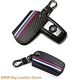 Key Fob with Keychain for BMW, M-Colored Stripe Carbon Fiber Pattern Key Holder Cover Case for BMW 1 2 3 4 5 6 7 Series X3 X4 M5 M6 3/4 Buttons Keyless Remote Smart Shell