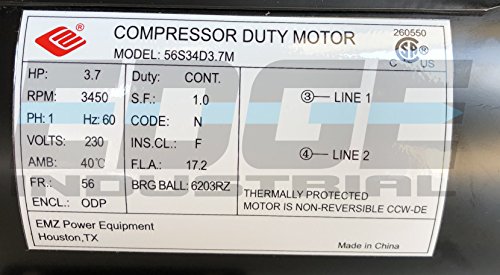 NEW 3.7HP COMPRESSOR DUTY ELECTRIC MOTOR, 56 FRAME, 3450 RPM, 5/8" SHAFT DIAMETER, NEMA RATED MOTOR, REPLACES 5HP SPL MOTORS RATED 15-17AMPS