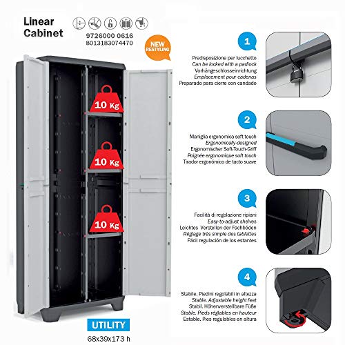 Keter Linear Utility Gartenschrank aus Kunststoff, Besenschrank, Kunststoffschrank, hellgrau, 68x39x173cm – Bild 3