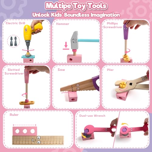 Kids Tool Set Wooden Toys for 3 Year Old Girls, 47 PCS Montessori Toys with Toy Drill & Tool Box & Apron, Pretend Play Educational Building Construction Toys for 3 4 5 Year Old Girls Gifts