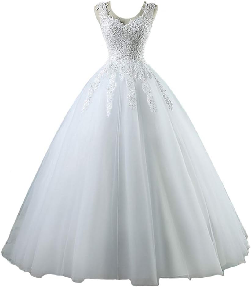Dexinyuan Lace Ball Gown Wedding Dress for Bride V Neck Beaded Tulle Floor Length Bridal Gown