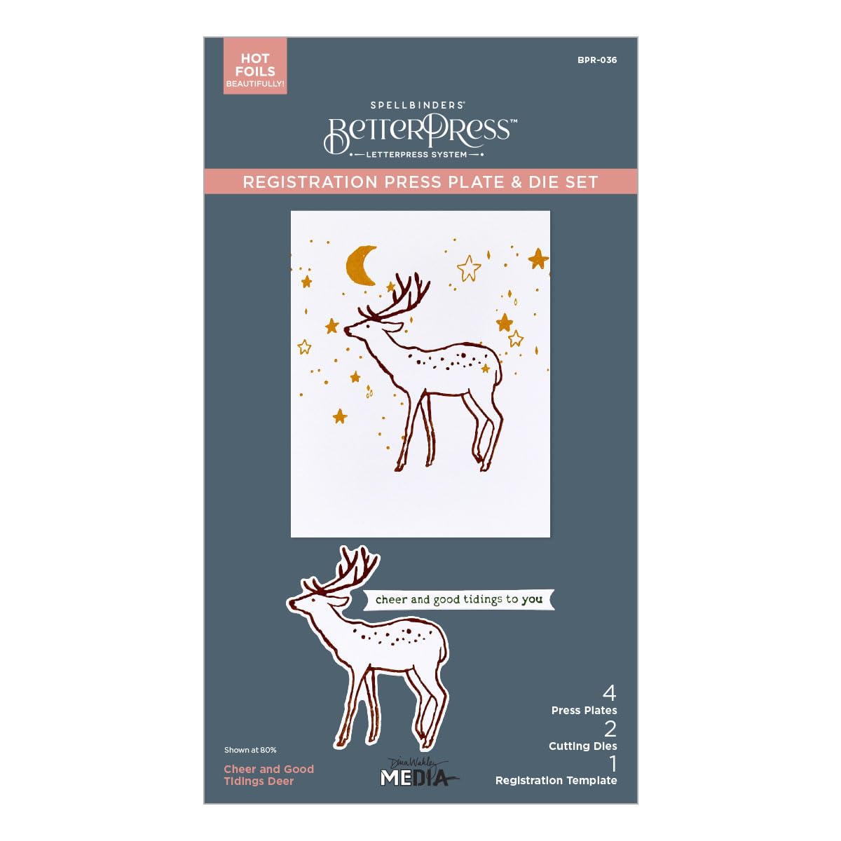 Cheer and Good Tidings Deer Registration Press Plate & Die Set from the Starry Holiday Collection by Dina Wakley