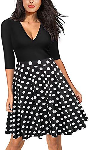 Vemper Flare Dress Floral Contrast V-Neck Half Sleeve Party Dress, Polka Dot, Medium