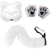 Merkaunis 4 Pcs Faux Fur Fox Tail Cat Wolf Cosplay Costume Set for Men Women Therian Mask Paw and Tail Set for Halloween Christmas Party, a Fox Mask, a Pair of Paw Gloves and a Tail (White)