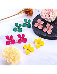 4 Pairs Flower Earrings for Women - Chic Flower Petal Statement Earrings Boho Stud Earrings with Gold Flower Bud, Great for Sister, Mom, Lover and Friends