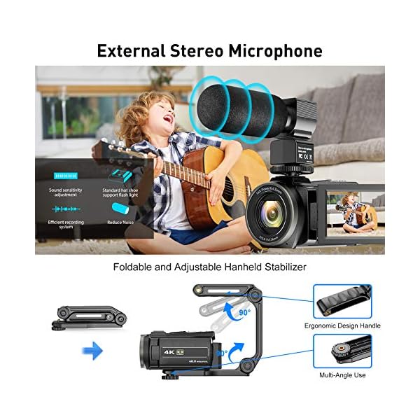 Aabeloy 4K Videokamera Camcorder UHD 48MP Wi-Fi IR Nachtsicht 16X Digital Zoom Recorder 3,0" IPS Touchscreen Vlog Kamera für YouTube mit Mikrofon Handstabilisator Gegenlichtblende, 2 Batterien – Bild 6