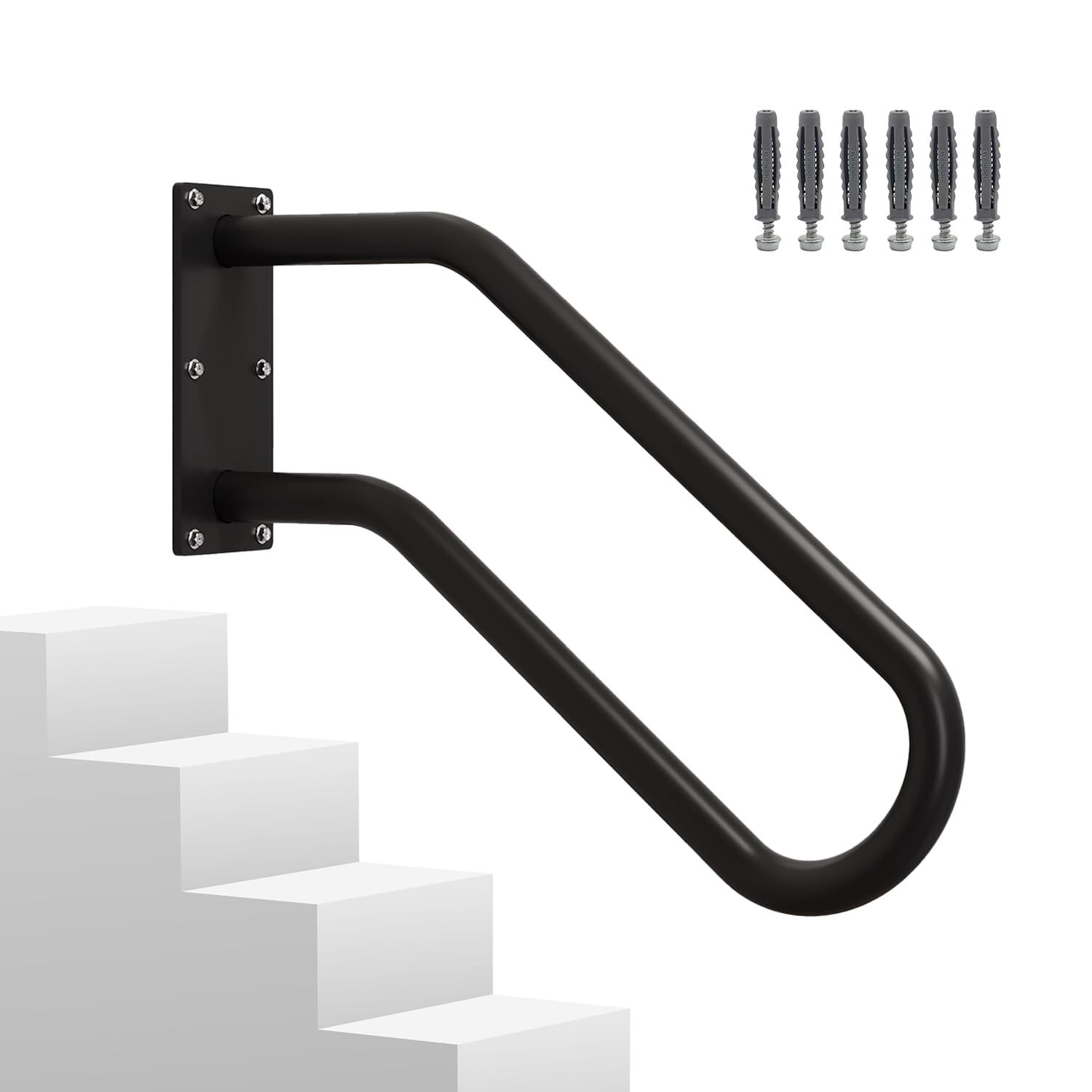 Photo 1 of Hand Rails for Outdoor 1-2 Steps, Indoor Stairs, Bathroom, Wall Mount Non-Slip U-Shape Stair Hand Railing Black 1 Pack