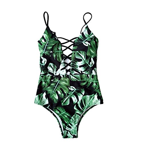 BSGSH Swimsuit Women's One Piece Criss Bandage Swimwear Leaves Print Monokini (S, Green) - Thumbnail 4
