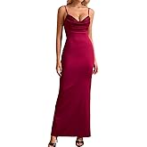 EYNMIN Women's Satin Spaghetti Strap Maxi Dress Lace Cowl Neck Backless Bodycon Long Cocktail Wedding Guest Dresses