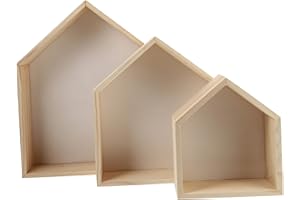 BEBEMOKO 3pcs Wooden House-Shaped Wall Mount Storage Rack Creative Pentagonal Display Shelves for Bedroom