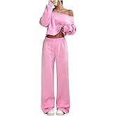 SOLY HUX Women's 2 Piece Outfits Fall Sweatsuits Off The Shoulder Crop Top Wide Leg Sweatpants Casual Matching Lounge Sets
