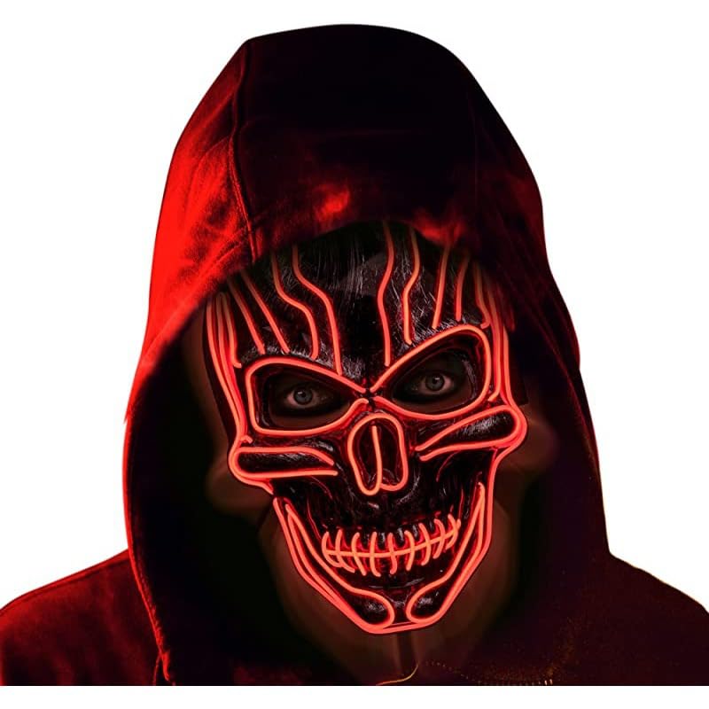 eBoutik - Scary Light Up Glowing Halloween Purge Spooky Skeleton Mask Costume - Creepy Festival LED Fancy Dress Cosplay Masquerade Demon Costumes For Kids & Adults Trick or Treat Outfit (Red)
