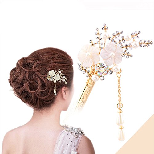 Happy Hours - Crystal Rhinestone Bead Hair Clasp For Women and Teen Girl / Natural Shell Alloy Flower Design Hair Pins Stick With Dangle Tassel Pendant(Style 1) - Thumbnail 5