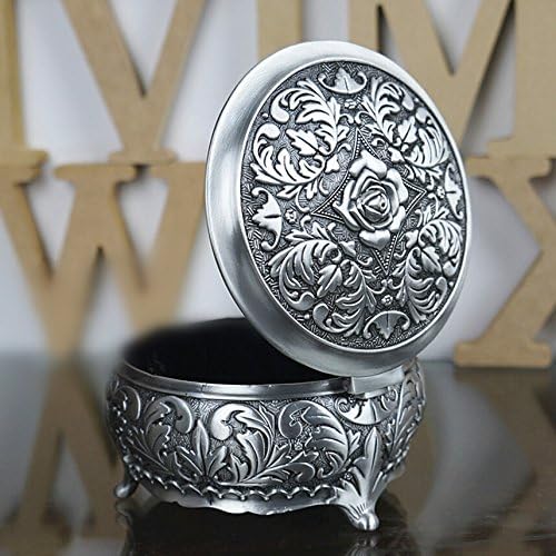 Infinite U Luxury Small Round Shape Rose Engraving Women/Girls Metal Trinket Jewellery Box Antique Silver - Image 3