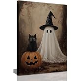 ZKFGPP Halloween Ghost with Black Cat Canvas Wall Art 12x16 inch | Vintage Halloween Wall Decor, Cute Ghost Witch Hat Art Print, Black Cat Jack O'Lantern Picture Fall Gift