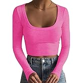 Artfish Women's Square Neck Long Sleeve Ribbed Slim Fitted Casual Basic Crop Top
