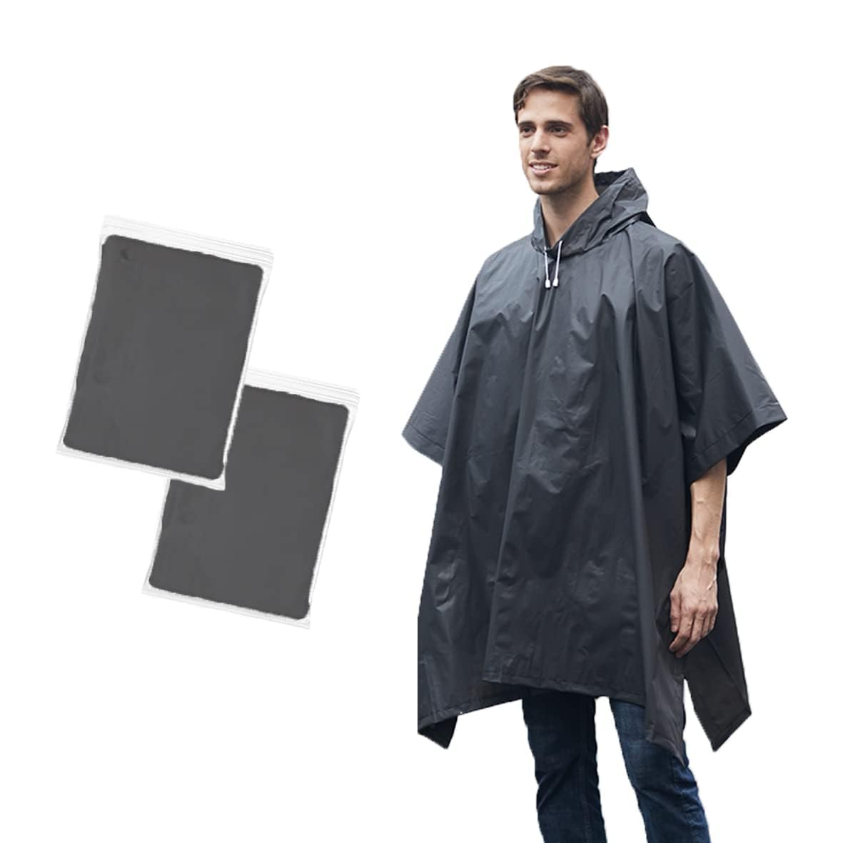 Umtiti EVA Rain Ponchos for Adult (2 Pack) with Drawstring Hood，Waterproof Lightweight Unisex Raincoat for Hiking Fishing Festivals Camping Emergency，Black-2pcs