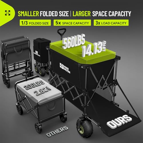 Hikemoon Double Decker Beach Wagon with 10" Big Balloon Wheels for Sand, 54'' Extra Long 560LBS Heavy Duty Wagons Carts Foldable, 400L Large All-Terrain Collapsible Folding Cart for Outdoors, Black