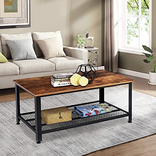 KINGSO Industrial Coffee Table with Storage Shelf for Living Room, Wood