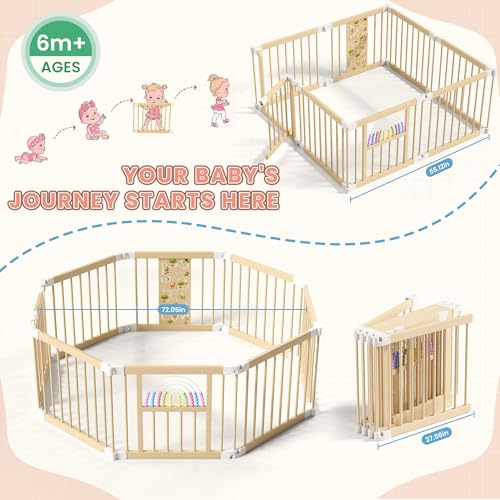 BLEKOO Portable Wooden Baby Playpen with Gate - Foldable 6-sided Activity Center, Adjustable Indoor Play Yard for Infants & Toddlers, Expands to 56" x 56" x 24" Safety Fence