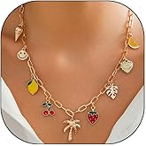 Bohemian Fruits Charm Necklace Gold Coconut Tree Pendant Necklace Cute Sweet Strawberry Cherry Mango Lemon Fruits Necklace for Women Trendy Summer Surfer Necklace Paperclip Chain Choker Necklace Stuffers Outfits Christmas Gift