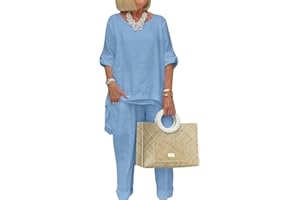 DMOYALA Women 2pc Pants Suit Linen Plus Size Dressy Casual Linen Pantsuits for Women Summer Outfit