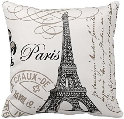 UOOPOO Paris Eiffel Tower Stamp Square Cotton Canvas Pillow Cover 20 x 20 Inches Square Cushion Cover for Sofa One Side