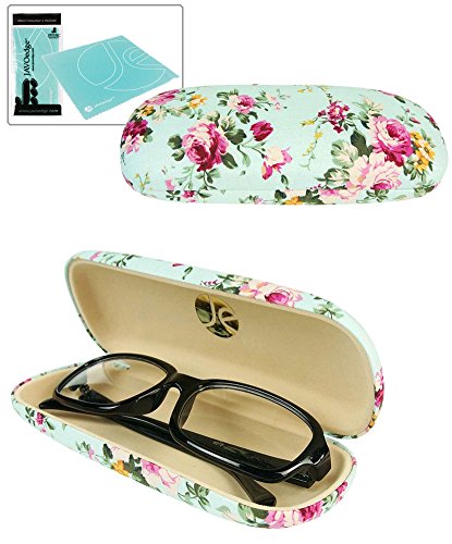 JAVOedge Blue Vintage Floral Pattern Hard Shell Eyeglass Case with Bonus Microfiber Eyeglasses Cleaning Cloth