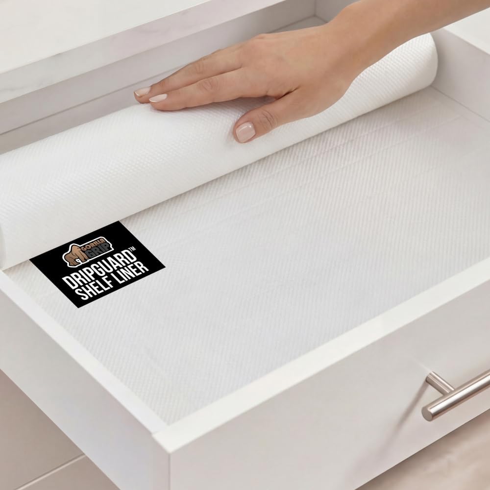 GORILLA GRIP DripGuard Drawer and Shelf Liner for Cabinet, Slip Resistant Non Adhesive Protection for Kitchen, BPA Free Smooth Surface Plastic Liners for Cabinets, Bathroom Drawers, 12x20, White