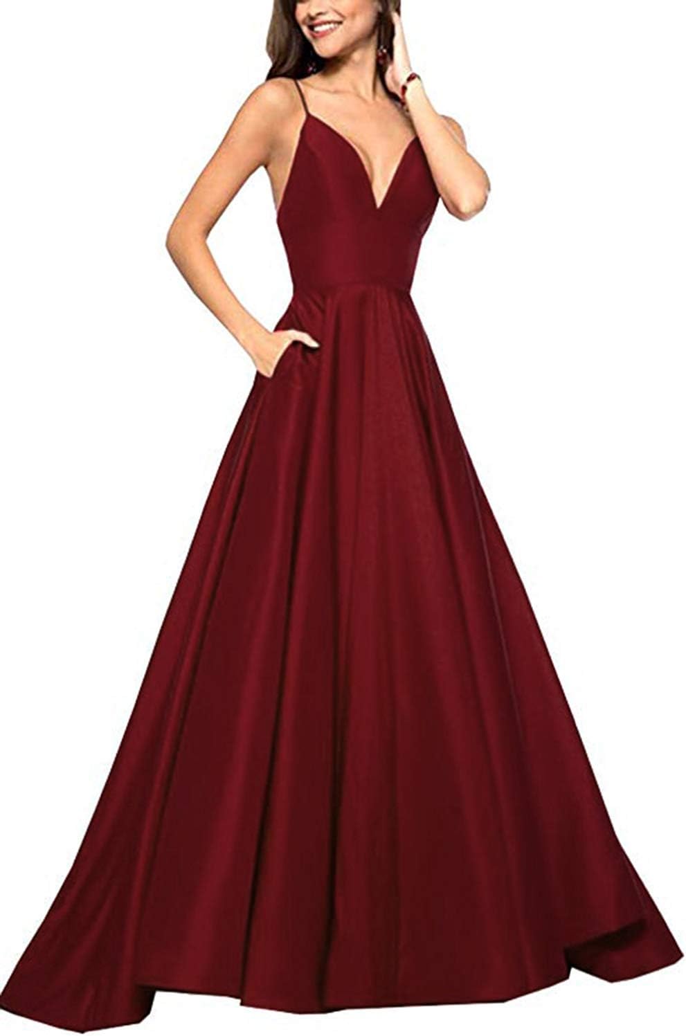 Women's Strap Prom Dress Long A-Line Satin Evening Ball Gowns With Pockets