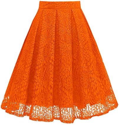 Girstunm Women High Waist Pleated A-Line Knee Length Lace Pockets Skirt