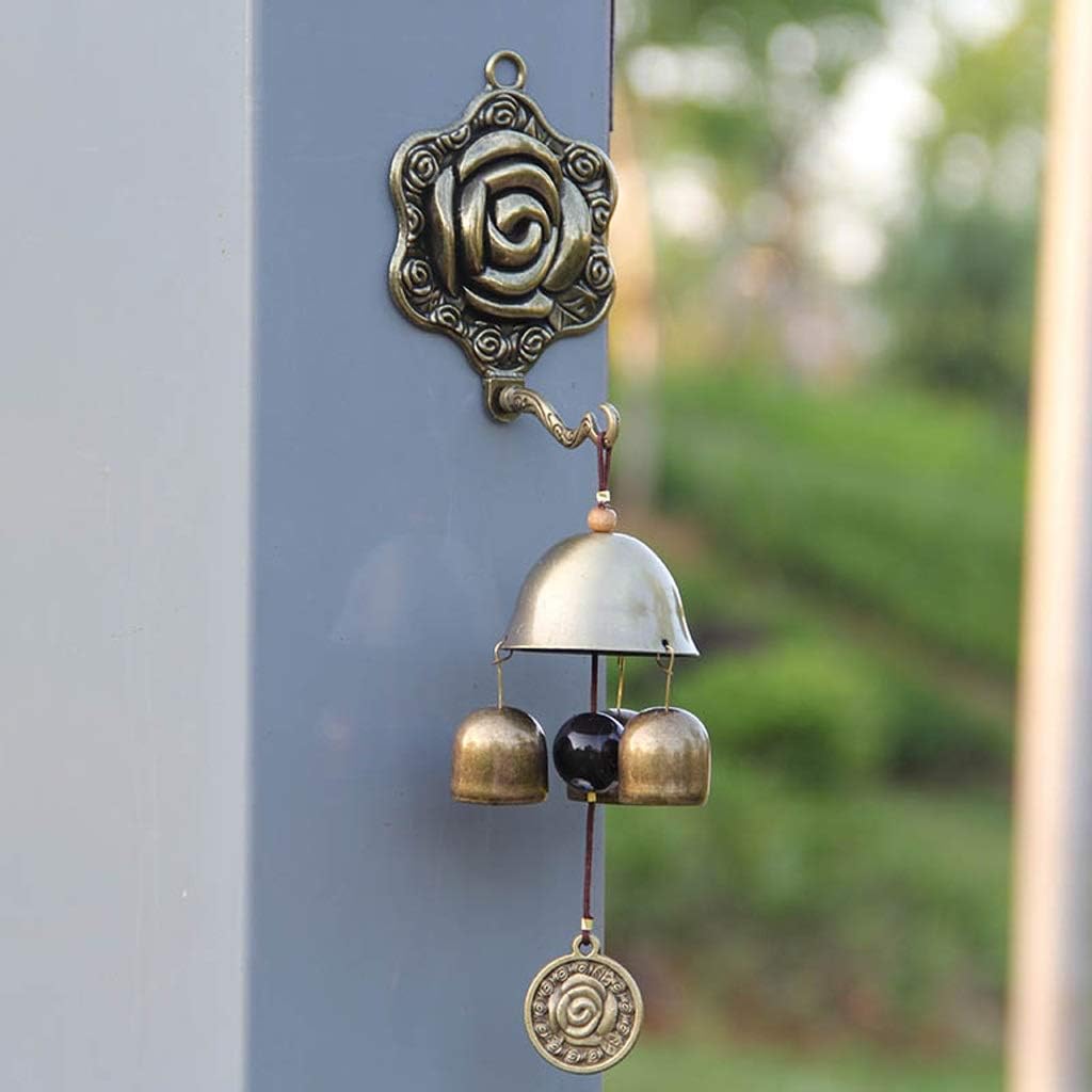 MLMHLMR Rose Home Wall Hanging Bronze Three Bell Metal Self-priming Feng Shui Wind Chime Doorbell Home Decoration Wind Chime 25x6x2.6cm Cast iron doorbell